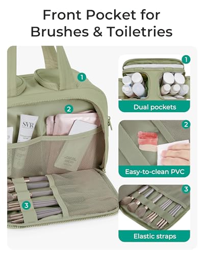 Image of BAGSMART Travel Toiletry Bag, Lightweight Large Wide-Open Toiletry Bag for Women, Puffy Cosmetic Makeup Bag Organizer with Handle for Accessories,Essentials, Toiletrie, Army Green, Large, Puffy