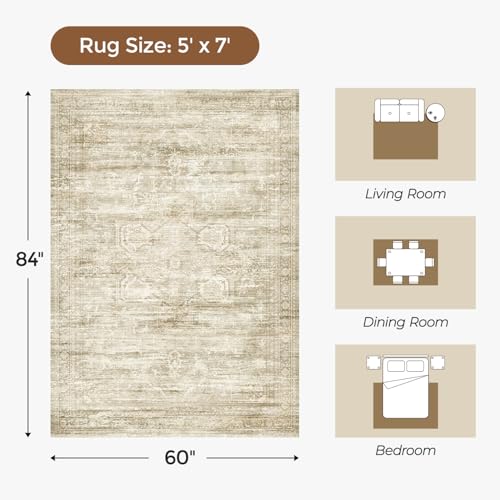 Carpelux 5x7 Washable Area Rugs for Living Room, Soft Faux Wool Luxury Floor Carpet for Bedroom Dining Room, Neutral Vintage Distressed Non Slip Beige Rug for Home Office Decor — view 2