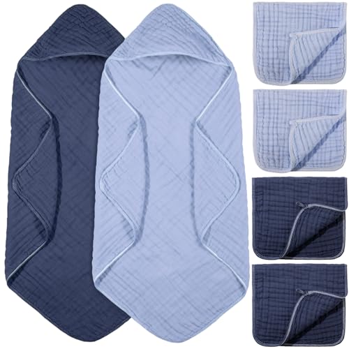 Image of VitalCozy 6 Pcs Baby Muslin Hooded Bath Towels and Washcloths Muslin Cotton Hooded Baby Towels Absorbent Blankets for Gift Newborn Infant Shower (32 x 32 Inch,Dark Blue,Light Blue)