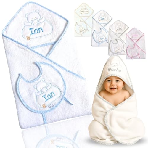 Balú Toalla Bebe Personalizada + Babero Personalizado | Capa Baño Bebe con Nombre Bordado | Regalo Bebé Recien Nacido|con Capucha | 100% Algodón |Suave e Hipoalergénica (4 Colores Disponibles)