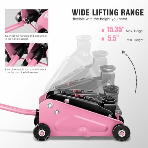 Image of DNA Motoring Low Profile Hydraulic Trolley Service /Floor Jack, 1.5 Ton (3000 lbs) Capacity, Lifting Range 5.5 inch-15.35 inch, Pink, TOOLS-00675-PK