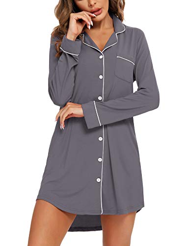 Image of Samring Sleepwear Long Sleeve Nightshirt Satin Sleepshirt Button Front Pajama Top for Women Gray L