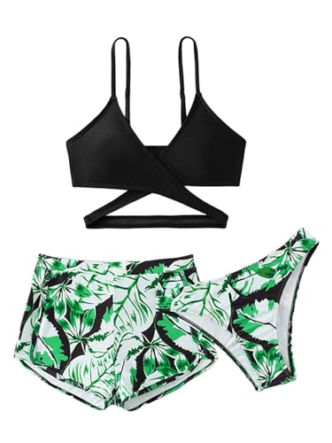 Image of Girl's 3 Piece Set Tropical Plants Print Criss Cross Bikini Sets Bathing Suit Green 10-11Y