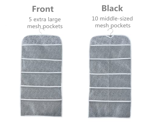 Cafurty Closet Hanging Organizer with Mesh Pockets & Rotating Metal Hanger,Dual Sided Wall Shelf Wardrobe Storage Bags,Oxford Cloth Space Saver Bag for Bra Underwear Underpants Socks -Grey - Thumbnail 2