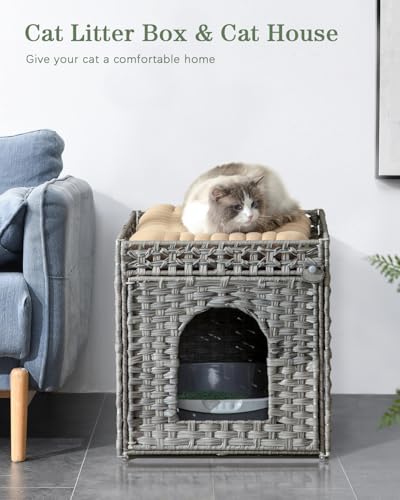 Image of SETVSON Cat Litter Enclosure, Rattan PE Hidden Kitty House, Gray