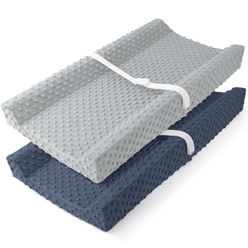 Image of Susurration 2Pack Changing Pad Covers Super Soft Minky Dots Plush Changing Table Covers 33x17x7in Breathable Changing Pad Sheets for Unisex Baby Girls and Boys (Grey&Blue)