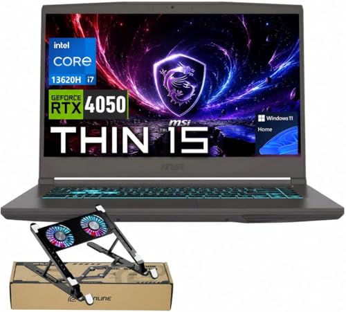 Image of msi Thin 15 Core i7 Gaming Laptop, GeForce RTX 4050, Intel Core i7-13620H, 15.6 inch 144Hz FHD IPS-Level, 32GB RAM, 1TB SSD, HDMI, Blue Backlit Keyboard, HD Webcam, Wi-Fi 6E, Windows 11 Home, w /Bundle
