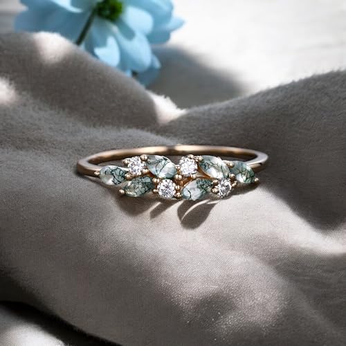 Moss agate cluster wedding band Unique marquise cut moss agate wedding band Vintage Moissanite ring Solid gold ring Valentine Day gift4