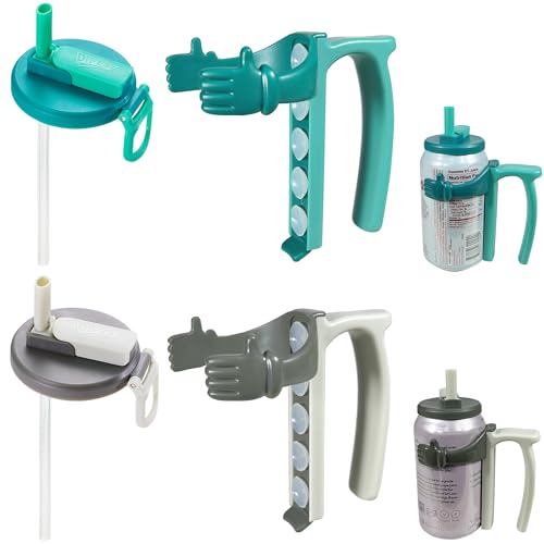DIPESI Soda Can Lids and Holders for 12oz Cans – 2 Can Covers with Straw + 2 Can Holder with Handle – for Soda, Beer, Pop – Easy to Hold, Leak-Free