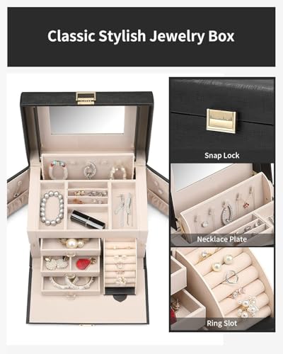 Image of KRISHYAM Jewelry Box, 4 Layer Leather Jewelry Boxes, Jewelry Organizer with Mirror and Lock for Girls Women Bracelets Rings Necklaces Earrings (Black)