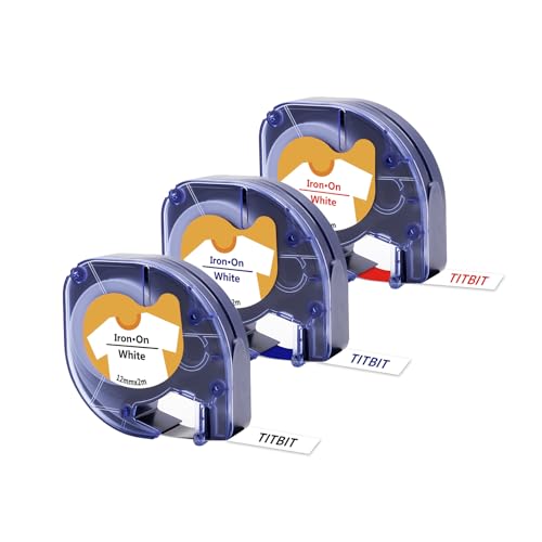 TITBIT 3 Pack 18769 Iron on Label Tape 12mm Compatible for Dymo Letratag Iron-On Fabric Labels S0718850 18773 18777 Black/Blue/Red on White Work for Dymo Letratag Label Maker LT-100H LT-100T LT-110T
