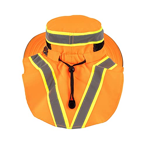 Hi-Visibility Reflective Safety Polyester Upf 50+ Sun Hat, Wide Brim With Neck Flap, Breathable, Boonie Hat Bucket Cap Orange #TOP5