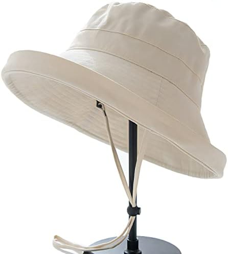 100% Cotton Women Sun Hats Wide Brim Gardening Bucket Hat Travel Sun Protection Packable Womens Beach Cap -Fold-UP Brim Beige