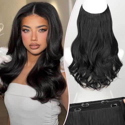 Invisible Wire Hair Extensions with Transparent Wire Adjustable Size 4 Secure Clips Long Wavy Secret Hairpiece 16 Inch for Women(Natural Black)