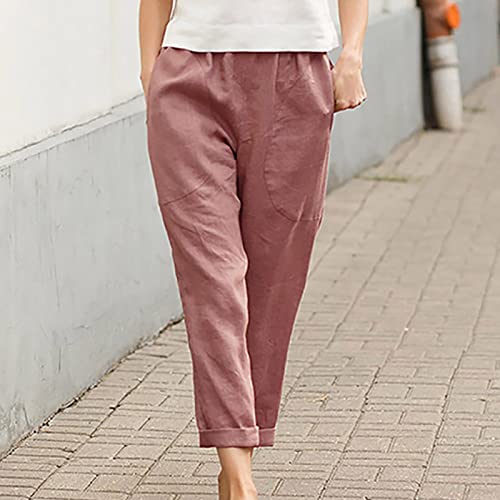 Image of LRMQS Cotton Linen Pants Women Casual Summer 2026 Trendy Loose Fit Beach Wide Straight Leg Trousers with Side Pockets