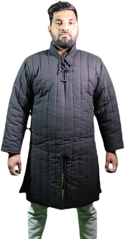 Medieval Thick Padded Full Sleeves Gambeson Coat Aketon Jacket Armor, Black Cotton Fabric - Large