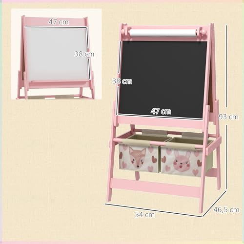 Image of Qaba Art Easel for Kids with Paper Roll, 3 in 1 Toddler Painting Easel with Blackboard, Whiteboard, Storage Baskets, Pink