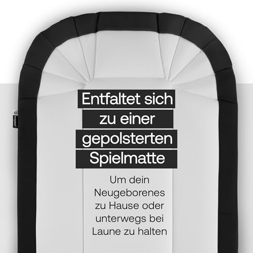 Bugaboo Babynest, tragbare Liegewanne mit Tragegurten Kinderwagen geeignet, entfalbar zu Einer Baumwollmatratze & Spielmatte, Flache Liegeeinheit ab Geburt – Heritage Black