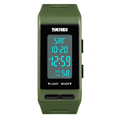 FeiWen Unisex Digital Uhren Outdoor Sport Multifunktional Rechteck Plastik Herren und Damen Armbanduhren mit Kautschuk Band LED Doppelte Zeit Alarm Countdown, Grün Cover