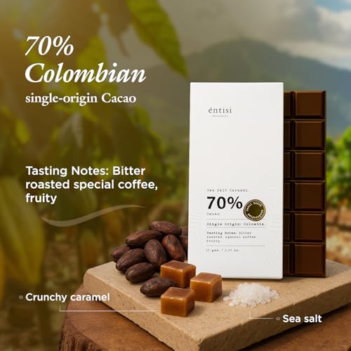 Image of Entisi Dark Chocolate Bar - Chocolates In Fresh, 70% Cocoa, Single-Origin Colombian Chocolate With Sea Salt Caramel, Rich In Antioxidants, With Crunchy Texture, Premium Snack or Gift Option,65 G
