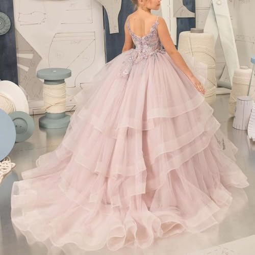 Flower Girl Dress Floral Appliques First Communion Dresses V Neck Princess Pageant Dresses Party Ball Gown2