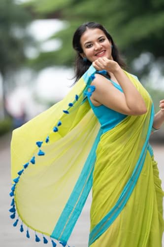 Image of Sudip callection Handloom Mul Cotton Saree for Women - Bottle Green with Pink Border Golden Zari Line & Tassel Pallu