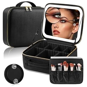Travel Makeup Bag with LED Mirror, Waterproof Makeup Box with 10X Magnifying Mirror, Black Travel Makeup Organizer