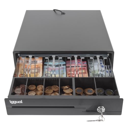 iggual – Cajón Portamonedas IRON-10 -Caja Efectivo Registradora Manual o Automática 4 Billetes y 6 Monedas -Cerradura 3 Posiciones - Material Acero+Plástico -Uso profesional- Negro (38x33,5x 8)