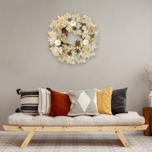 Image of Realistic Fall Wreath with Lights, 22 inch Fall Wreaths for Front Door with Pumpkins Fall Leaves Berries Pine Cones,Autumn Wreath Fall Decorations for Home Thanksgiving Halloween Decorations for Wall Door
