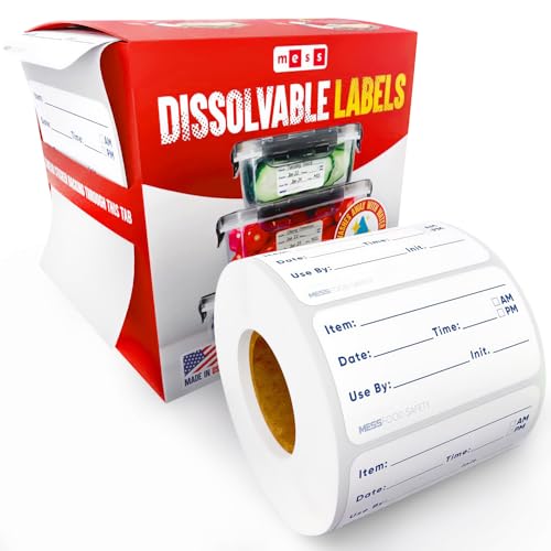 Image of MESS Dissolvable Labels for Food Containers (1x2 200) - Dissolvable Food Labels for Food Storage - Dissolves Like Magic with Absolutely No Clean Up - Removable Kitchen Labels - Freezer Labels