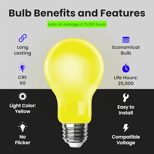 Feit Electric A19 Outdoor LED Bug Light, 60-Watt Equivalent, Non-Dimmable LED Light Bulb, E26 Medium Base, 120V, 22 Years Lifetime, Yellow, Pack of 1, A19/BUG/LED/BX