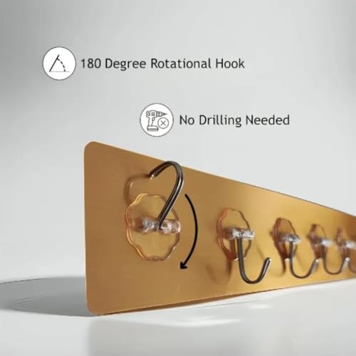 Image of Self Adhesive Wall Hooks for Kitchen Organizer Hook for Wall Without Drilling for Home Kitchen Bathroom Bedroom Keys Bag Towels - 6 Stainless Steel Hook with Plastic Strip (Golden Pack of 2)