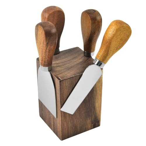 Bafnsiji 4Pcs Cheese Knife Set, Fourchette à Fromage en Acier Inoxydable, Couteau à Fromage en Acier Inoxydable avec Manche en Bois, Couteaux à Fromage et Support magnétique en Bois