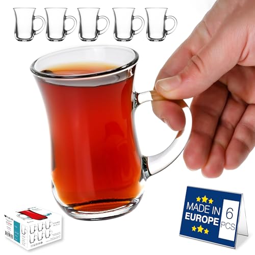 Hakan Istanbul 4.9 oz, 6 Pcs, Turkish Tea Glasses with Handles, Small Glass Tea Cups, Turkish Clear Teacup Set, Modern Tea Glasses, Drinkware for Hot and Cold Beverages with Special Box