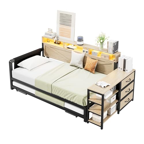 LinoraFurn Sofá cama de metal de 90 x 200 cm con cama nido ajustable, armario de almacenamiento, 3 cajones, compartimentos de almacenamiento, iluminación LED y puerto USB, color negro. - imagen 5