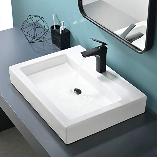 VALISY 25”x19” Inch Modern Above Counter Porcelain Ceramic White Rectangle Bathroom Vessel Sink, Vanity Lavatory Bath Countertop Art Basin Sinks with Single Faucet Hole