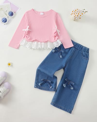 Image of Kucnuzki Toddler Baby Girl Clothes Long sleeve Fall Winter Shirt Tops Baggy Jeans Pants Set Kids Girls Outfits 2 Piece