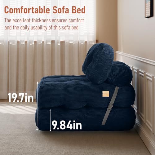 Image of Folding Sofa Bed, Convertible Sleeper Chair with Back Support and Pillow | Boneless Foldable Couch for Living Room /Guest Use /Home Office, Foldable Chair Bed for Adults, Navy