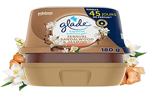 Glade Gel Premium – Ambientador infundido con aceites esenciales para inodoro y baño – Sensual Sandalwood y Jasmine – 45 días de perfume – 180 g