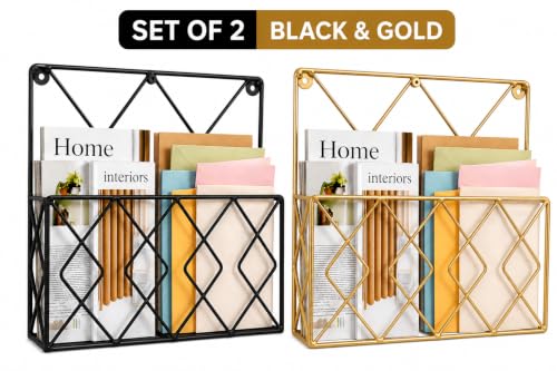 Image of Hanging File & Magazine Holder - Wall Mounted Metal Organizer for Newspapers, Documents & Office Storage | Decorative Black Wall Rack for Home & Workspace (Black+Golden)