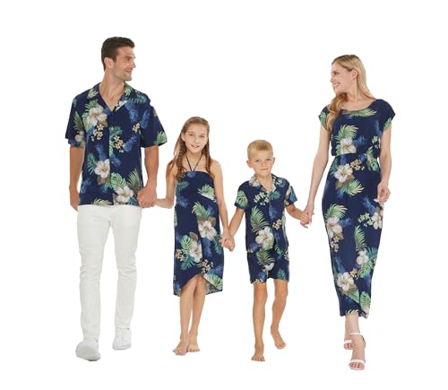 Image of Matchable Family Hawaiian Luau Men Women Girl Boy Clothes in Pineapple Garden Navy