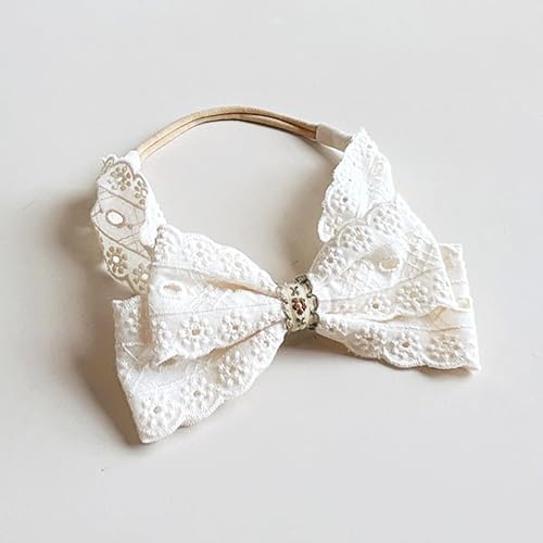 Bethynas Baby White Lace Elastic Headband Toddler Hair Bow Baptism Christening Hairband Infant Soft Fabric Birthday Party Headwrap Accessory for Newborn Little Girl (Off-white 8, Elastic)4