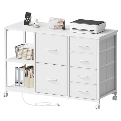 Maihail 6 Drawer File Cabinet with Charging Station Rolling Printer Stand with Open Storage Shelf...