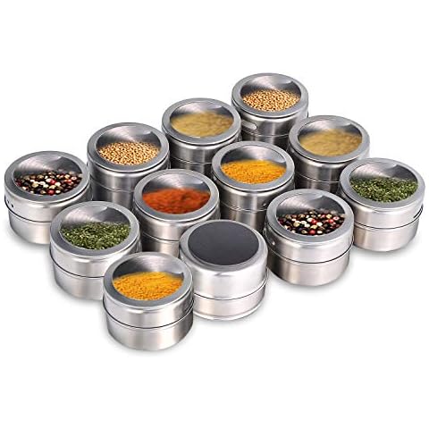 Beeyoka Magnetic Spice Jars,12 Pcs Stainless Steel Spice Tins with Lid and Small Holes for Sprinkle Rust Free Easy to Clean Includes 94 Labeling Stickers Cover