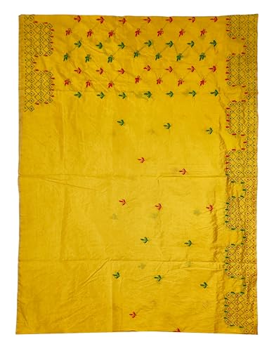 Image of SHRISTI CLOTHINGS Women's Hand Embroidered Cotton Silk Kantha Stitch Saree with Blouse Piece (SB4200924 AMBER)