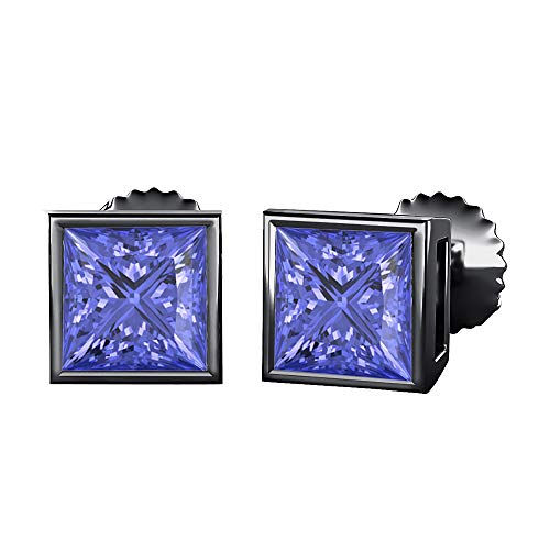 Bezel Set Princess Cut Created Gemstones (3MM) Solitaire Stud Earrings 14K Black Gold Over .925 Sterling Silver