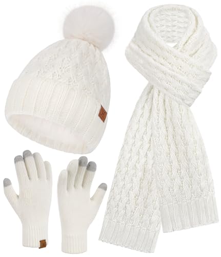 Image of Bequemer Laden Womens Winter Hat Long Scarf Touch Screen Gloves Set Warm Beanie Hats Neck Warmer Knit Caps with Pom Fleece Lined Gifts for Women
