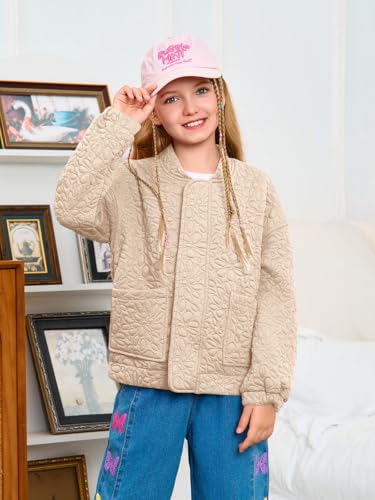 Haloumoning Girls Bomber Jacket Kids Cute Jacquard Zip Up Jackets Fashion Lightweight Outerwear with Pockets4