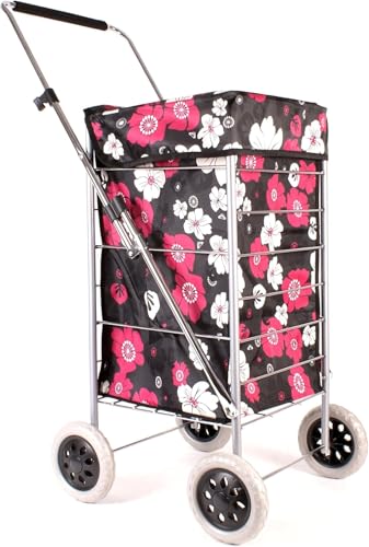 Premium 4 Wheel Folding Shopping Trolley with Large Capacity Bag – Heavy Duty Lightweight Grocery Cart with Strong Steel Frame for Easy Shopping (PINK FLOWER)