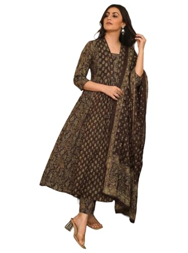 Image of ANNI Designer Women's Viscose Printed A-Line Kurta Set with Pant and Dupatta | Ethnic Wear Dress | V-Neck | 3 /4 Sleeve Indian Traditional Outfit for Women